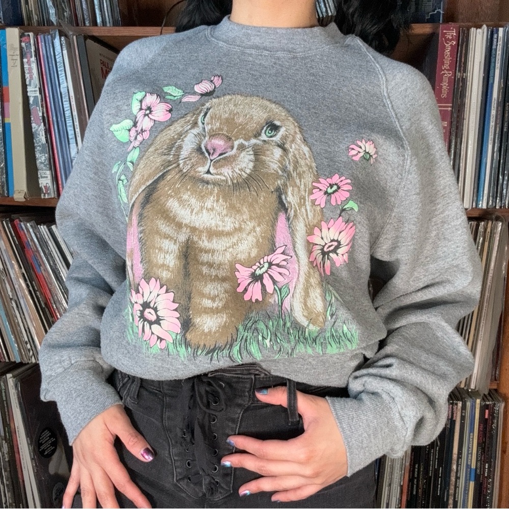 Gray Sweatshirt with Bunny and Floral Design